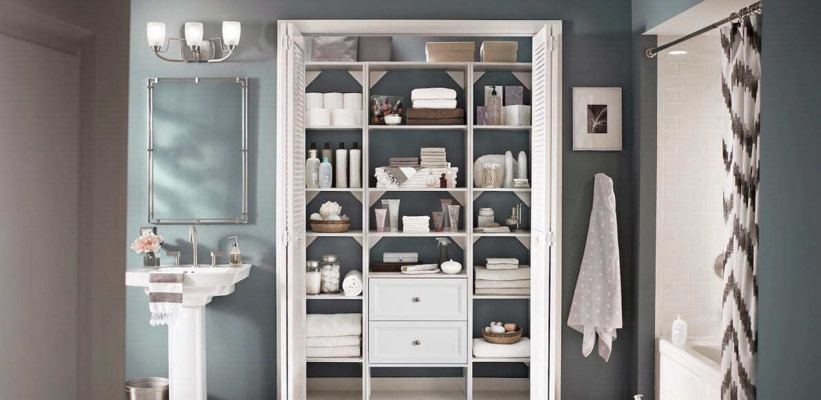 A storage system that has drawers and doors allows you to display some items and hide others. 