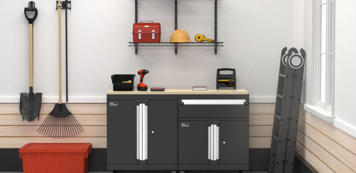 By simply adding a workbench and shelving to a corner, you can create a workshop in your garage.