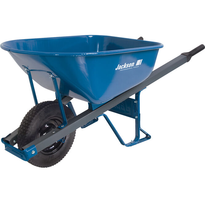 6 cubic foot Jackson steel contractor wheelbarrow with steel handles and knobby flat free tire